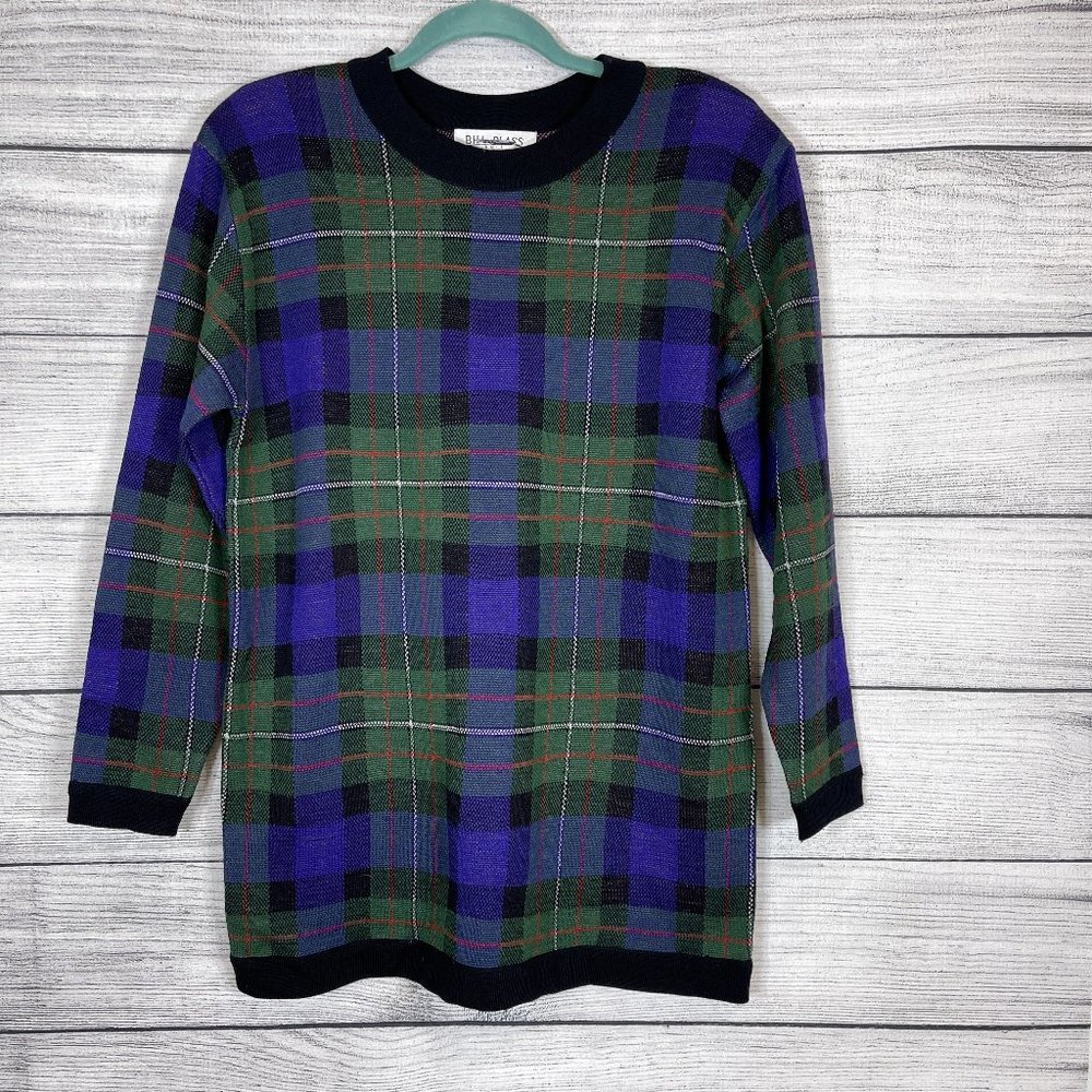 NWT Vintage Bill Blass Knit Checkered Plaid Green Purple Sweater Tunic S…